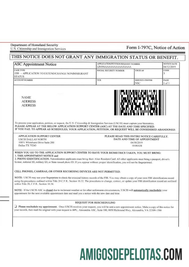 Formulário I 797C dos Serviços de Cidadania e Imigração dos EUA, Notificação de Ação exemplo real